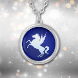 Silver Unicorn on Royal Blue Silver Plated Necklace<br><div class="desc">This pretty necklace has a deep royal blue background that seems to almost glow. At the centre is a shiny silver rearing unicorn image. Magical! Be sure to see the matching earrings in our store.</div>