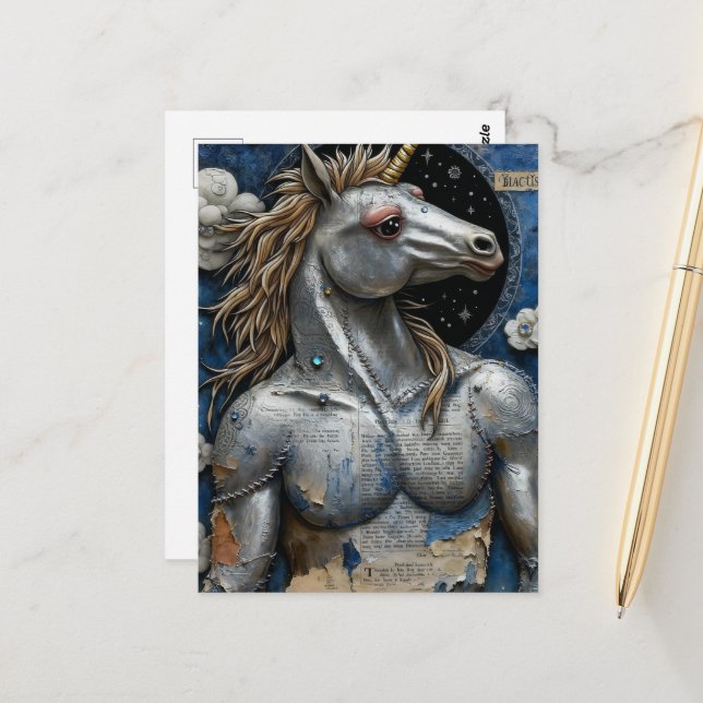 Silver Unicorn With Muscles Collage Postcard (Front/Back In Situ)