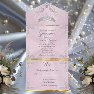Silver Vintage Border Quinceanera - Pastel Pink All In One Invitation