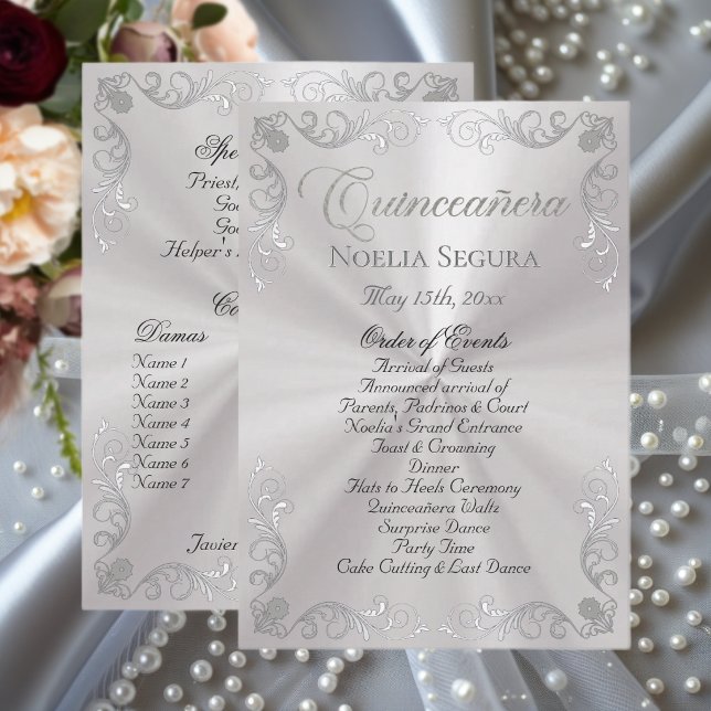 Silver Vintage Border Quinceanera - Pearl White Programme (Creator Uploaded)