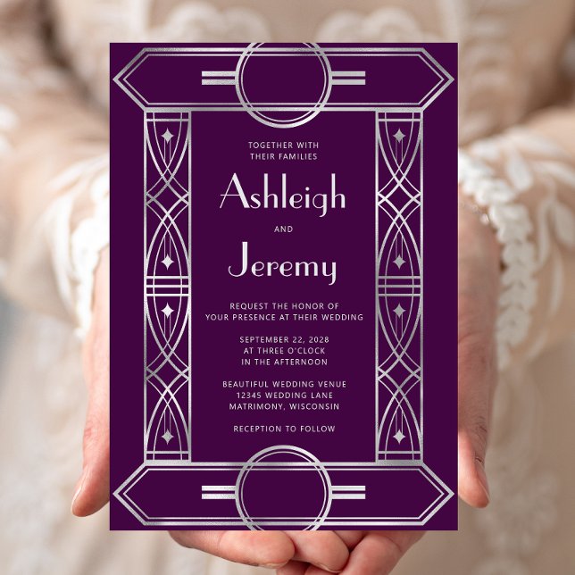 Silver Vintage Deco Frame Purple Wedding Invitation (Creator Uploaded)