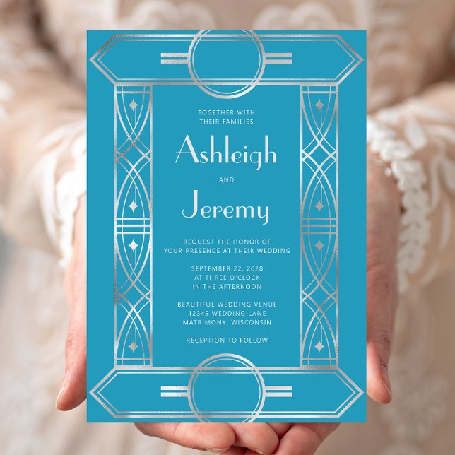 Silver Vintage Deco Frame Turquoise Wedding Invitation (Creator Uploaded)