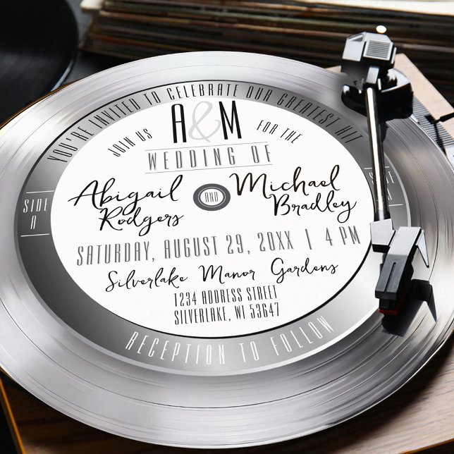 Silver Vinyl Record Monogram Unique Music Wedding Invitation (Unique retro gray black and white monogram silver vinyl record album round shape wedding invitation)