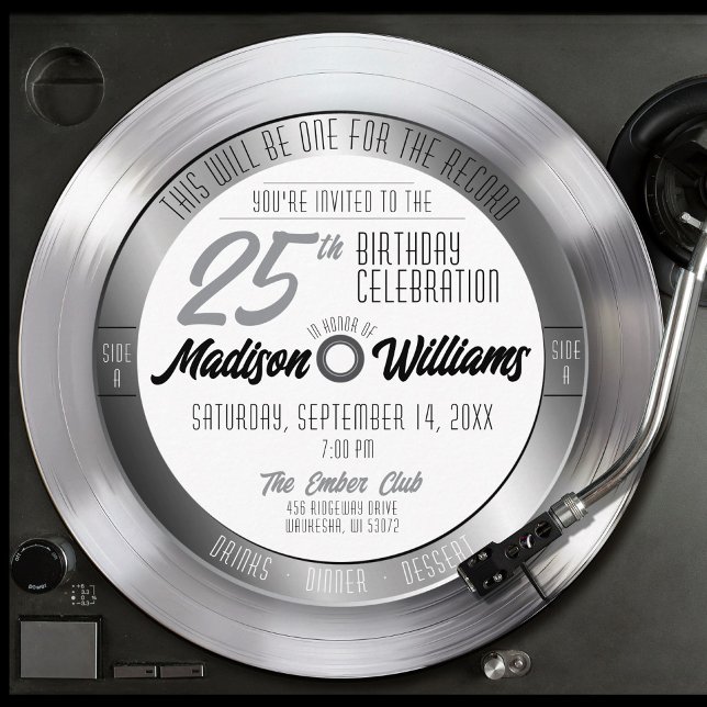 Silver Vinyl Record Retro 25th Birthday Party Invitation (Retro silver vinyl record album unique round shape adult 25th birthday party invitation, black white)