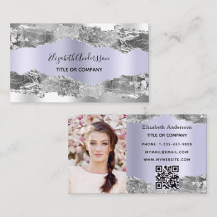 Silver violet agate marble QR code photo Business Card