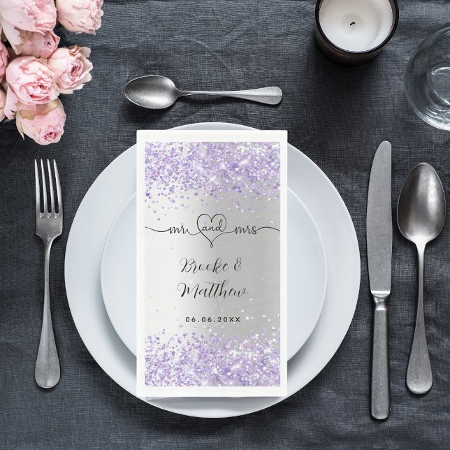 Silver violet glitter mr mrs heart wedding napkins (Creator Uploaded)