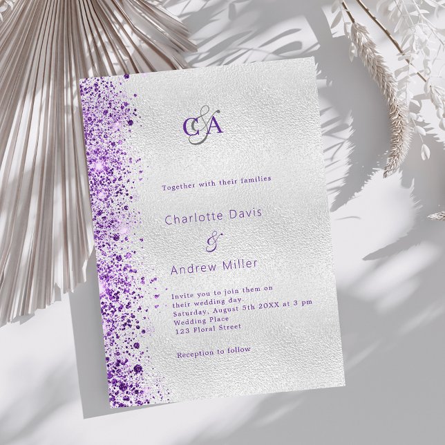 Silver violet purple sparkles luxury wedding invitation (Creator Uploaded)