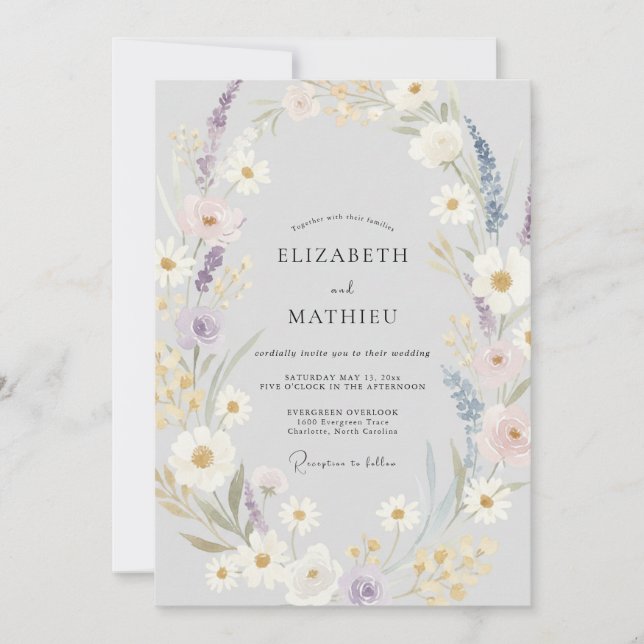 Silver Violet Wildflower Wedding Invitation (Front)