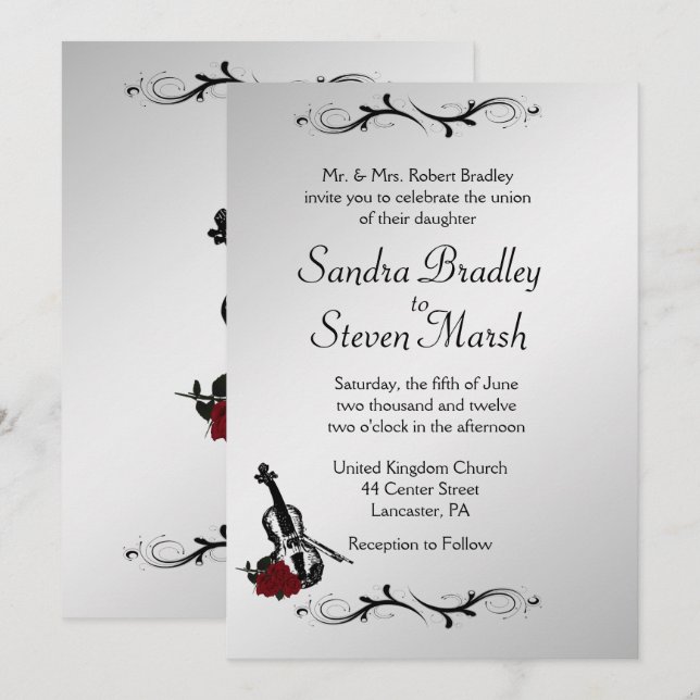 Silver Violin Music Wedding Invitation  5" x 7" (Front/Back)