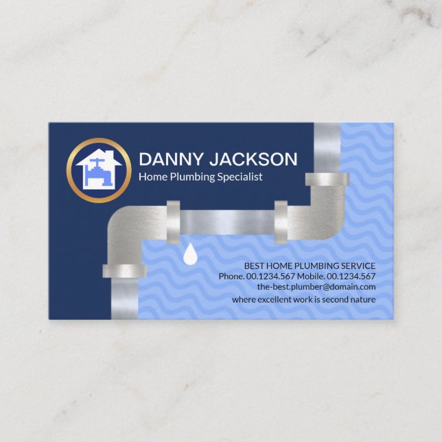 Silver Water Pipe Blue Flood Waters Plumbing Business Card (Front)