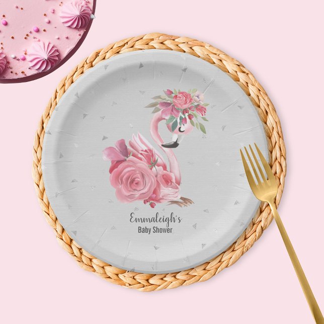 Silver Watercolor Ballerina Flamingo Baby Shower Paper Plate (Creator Uploaded)