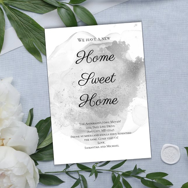 Silver Watercolor Wash Splash Moving Announcement (Silver Watercolor Wash Splash Moving Announcement Card. Printed or Instant digital download)