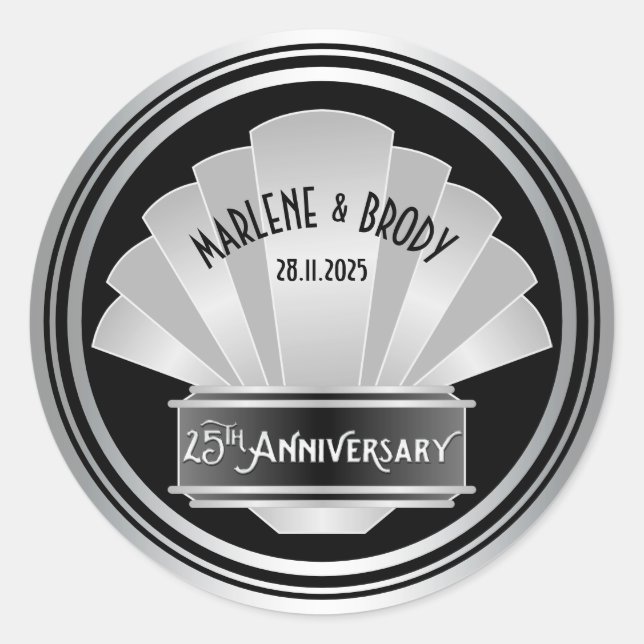 Silver Wedding 25th Anniversary Art Deco Gatsby Classic Round Sticker (Front)