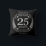 Silver wedding anniversary 25 years cushion<br><div class="desc">A design to celebrate 25 years of marriage. This design has a silver (grey) coloured laurel design on a black background. Silver is the traditional gift for this occasion. The text reads Silver 25 years anniversary. A romantic design to celebrate your 25th year of marriage. If you would like any...</div>