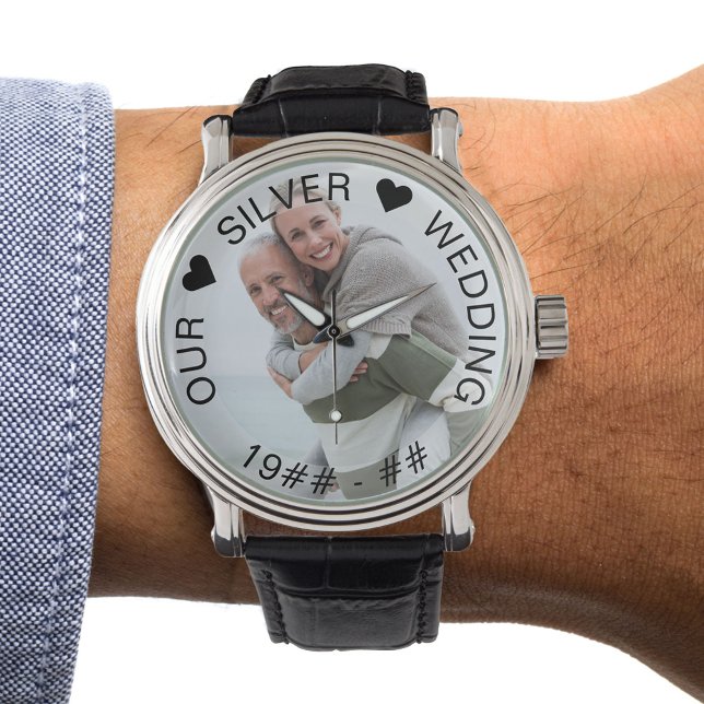 Silver Wedding Custom Years Photo Watch (Silver wedding keepsake photo watch)