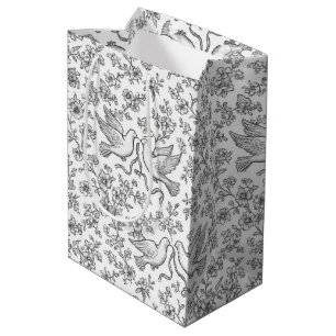 Silver Wedding Doves with Ribbons and Flowers Medium Gift Bag