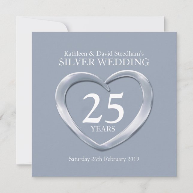 Silver wedding heart 25 years anniversary invite (Front)