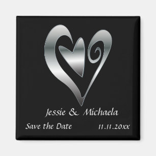 Silver Wedding hearts on Black Save the Date Magnet