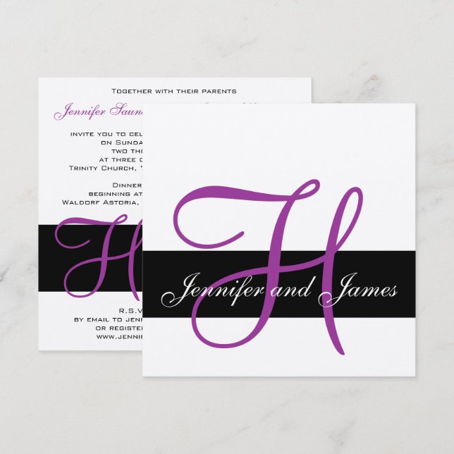 Silver Wedding Invitation Monogram H Names Purple (Front/Back)
