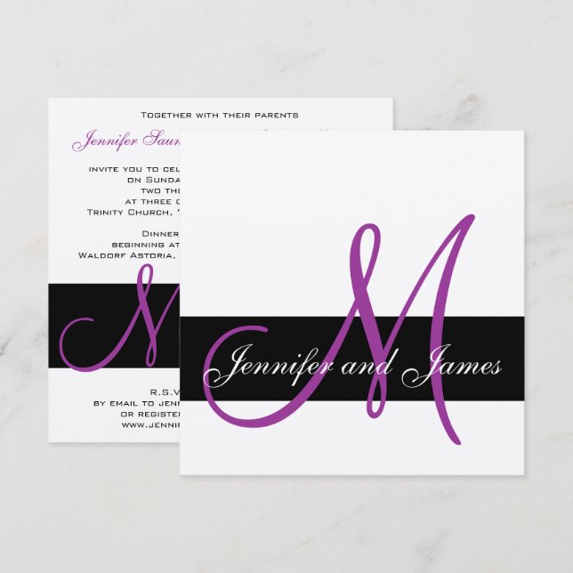 Silver Wedding Invitation Monogram Names Purple (Front/Back)