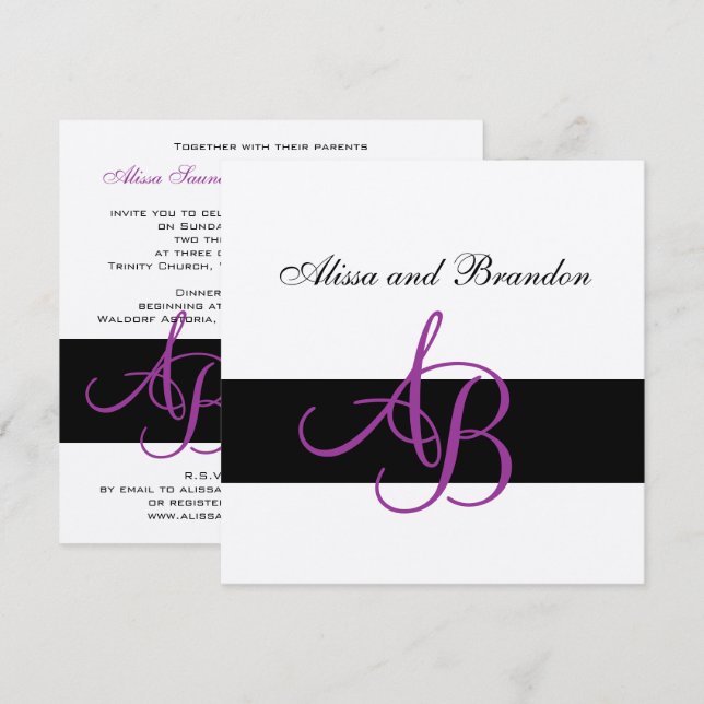 Silver Wedding Invitation Monograms Names Purple (Front/Back)
