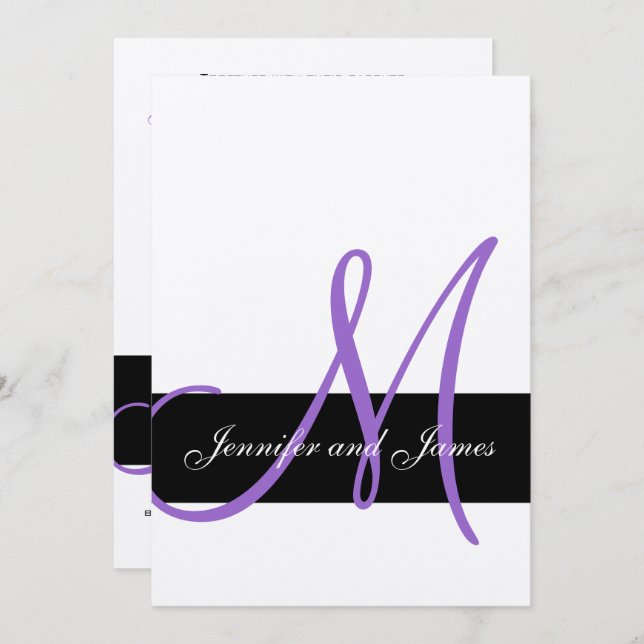 Silver Wedding Invitation Purple Monogram Names (Front/Back)