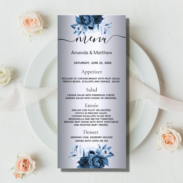 Silver wedding menu blue florals elegant modern (Creator Uploaded)