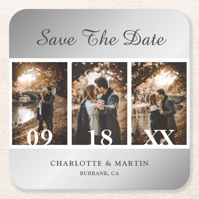 Silver Wedding Photo Save The Date Coasters (Front)
