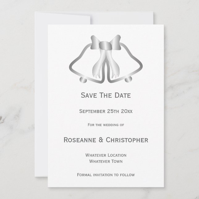 Silver Wedding Save The Date Card Bells And Ribbon (Front)