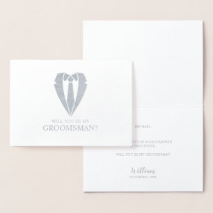 Silver Wedding Suit and Tie Groomsman Proposal Foil Card