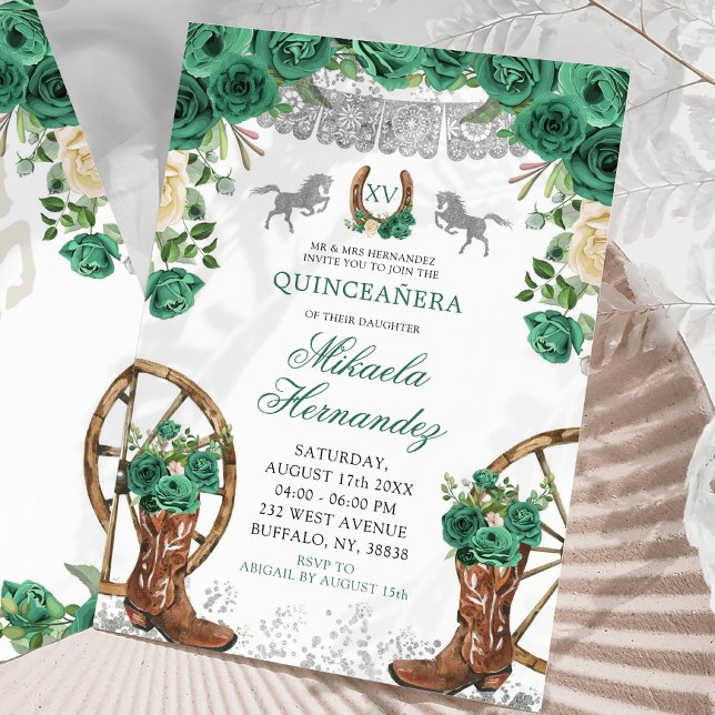 Silver Western Green Hunter Horse Quinceanera Invitation (Creator Uploaded)