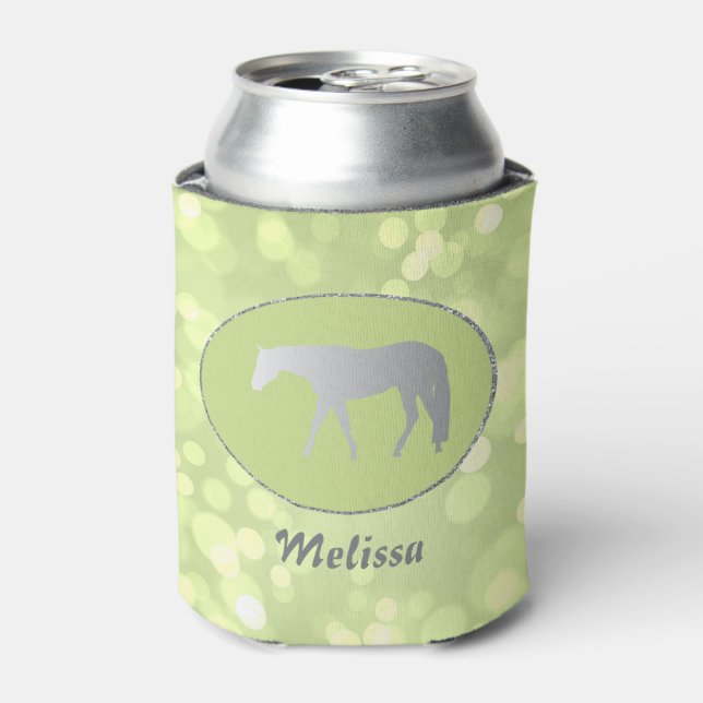 Silver Western Pleasure Horse on Green Brokeh Can Cooler (Can Front)
