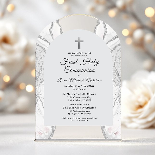 Silver White Agate First Holy Communion Boy Acrylic Invitations (Creator Uploaded)