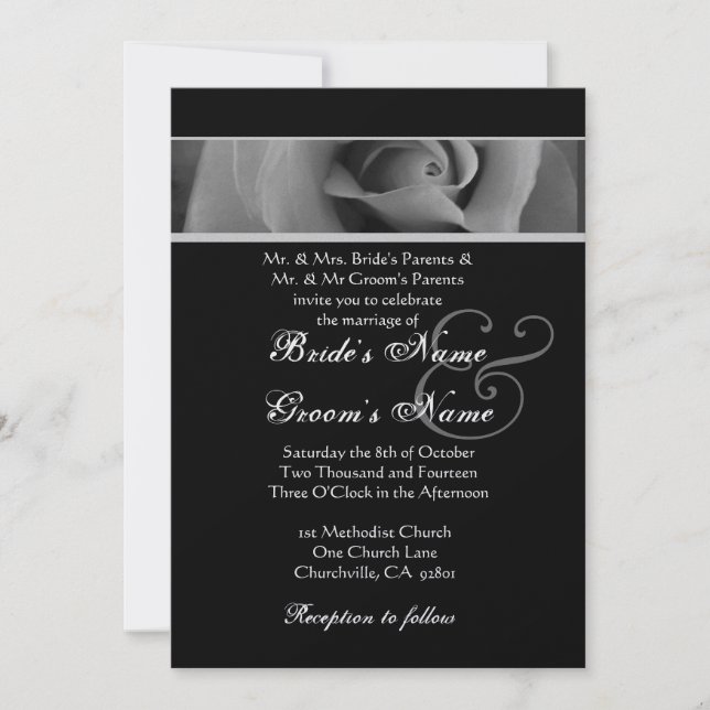 Silver White and Black Rose Wedding Invitation (Front)