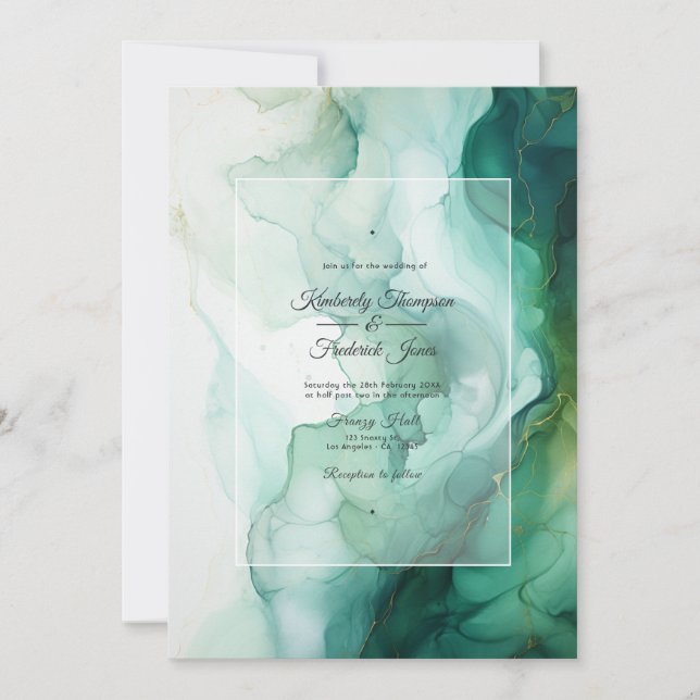 Silver, White, and Forest Green Ink Wedding Invitation (Front)