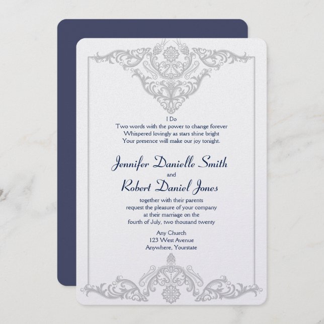 Silver White and Navy Damask Wedding Invitation (Front/Back)