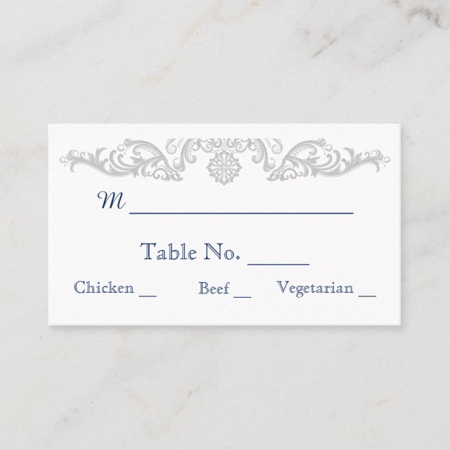 Silver White and Navy Damask Wedding Place Cards (Front)