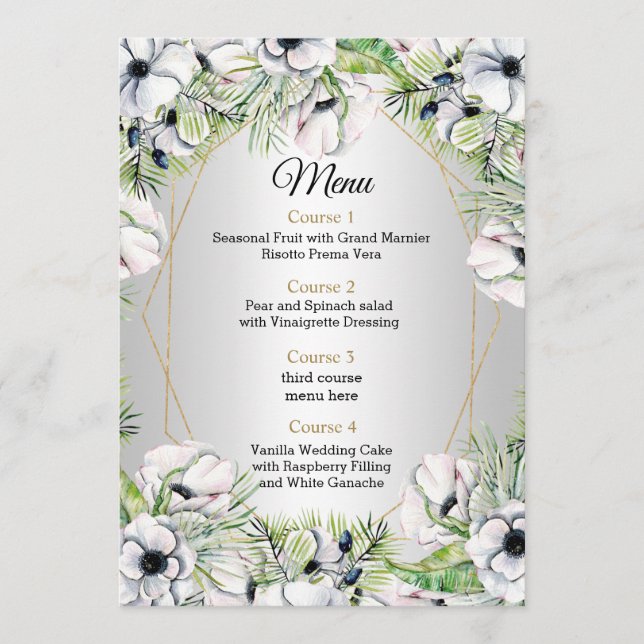 Silver White Anemone Gold Geometric Wedding Menu (Front)