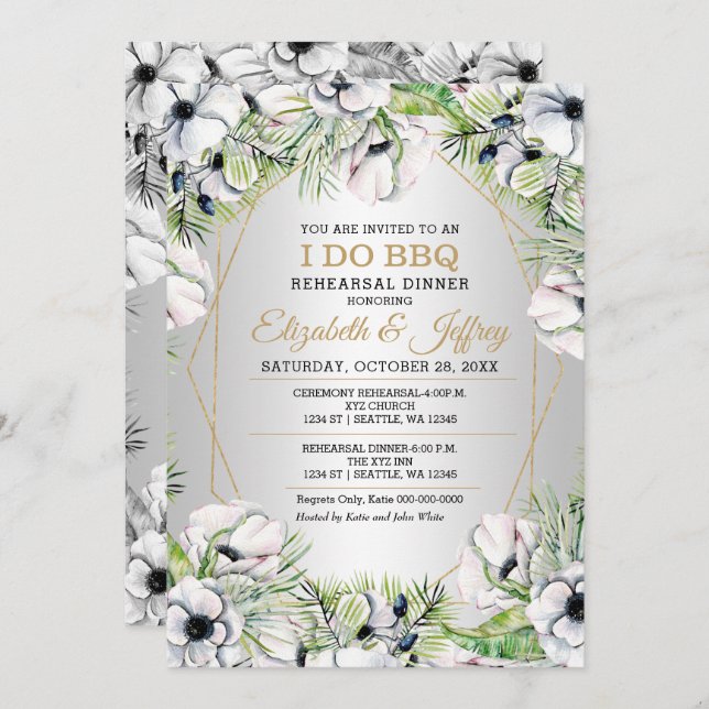 Silver White Anemone I Do BBQ Rehearsal Dinner Invitation (Front/Back)