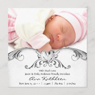 Silver White Baby Girl Photo Birth Announcement