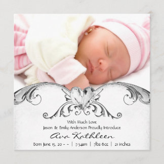 Silver White Baby Girl Photo Birth Announcement
