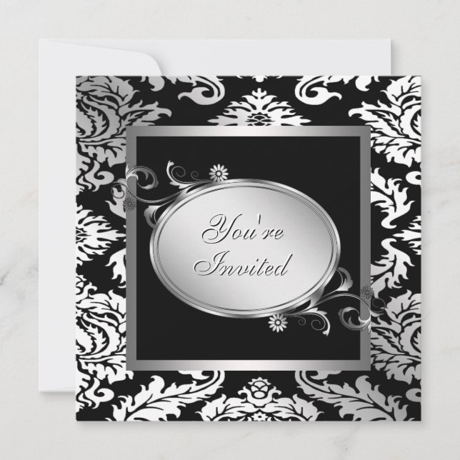 Silver White Black Damask Party Invitation (Front)