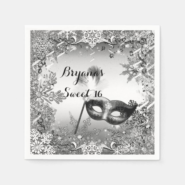 Silver White Black Masquerade & Winter Snowflakes Napkin (Front)