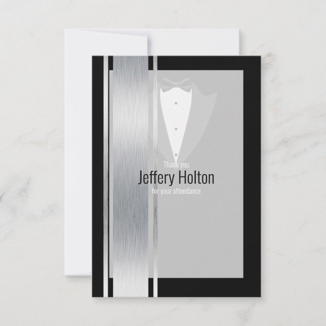 Silver, white & black stripe tuxedo thank you card (Front)