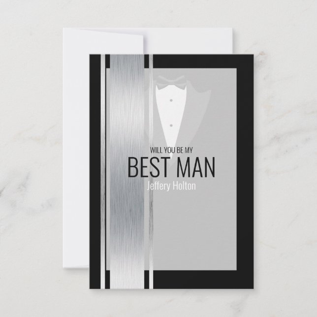 Silver, white & black stripe tuxedo thank you card (Front)