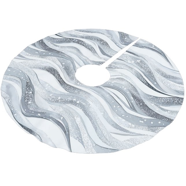 Silver White Christmas Stripes Brushed Polyester Tree Skirt (Angled)