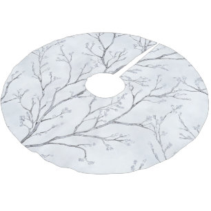 Silver White Christmas Winter Trees Brushed Polyester Tree Skirt