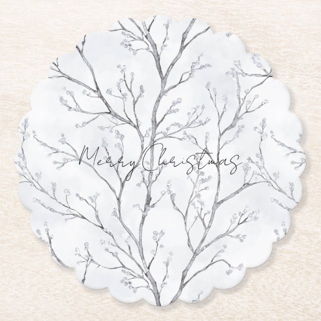 Silver White Christmas Winter Trees Paper Coaster (Front)