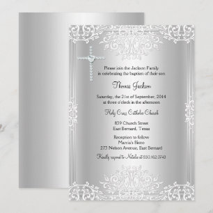 Silver White Damask Baptism/Christening Invite