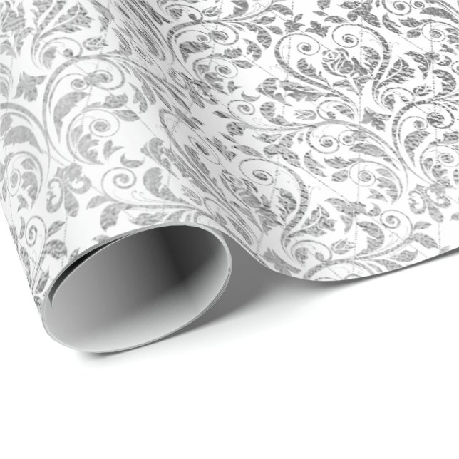 Silver White Damask Grey Net Delicate Diamond Wrapping Paper (Roll Corner)